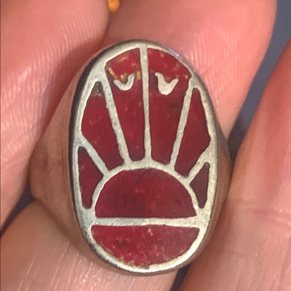 Red possibly coral sunrise with birds Silvertone Ring vintage